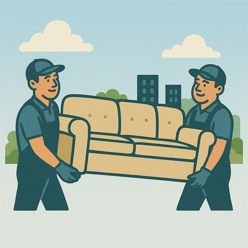 Furniture removal team carrying couch