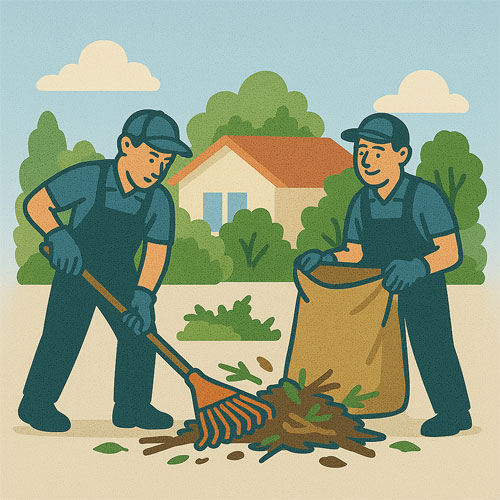Yard waste removal team cleaning up yard debris